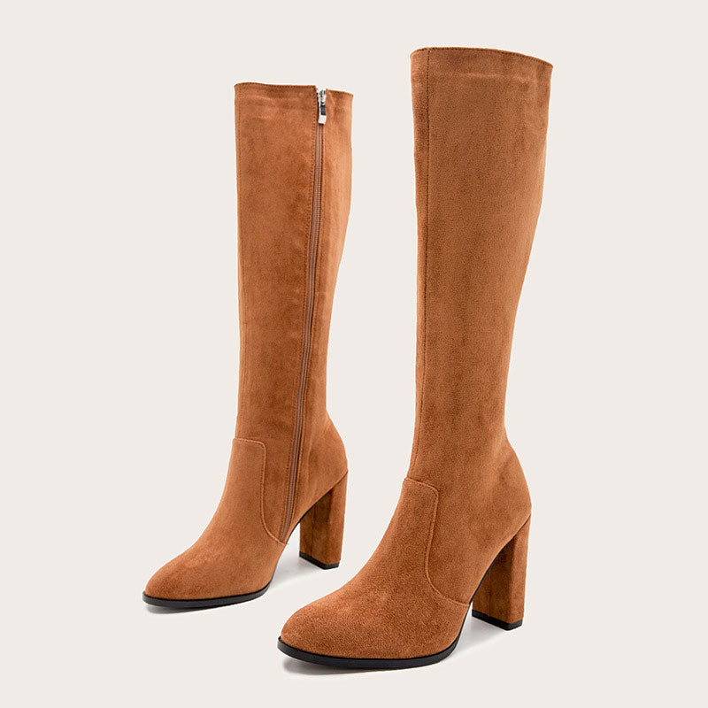 Pointed Toe Chunky High Heel Suede Knee High Boots - Brown