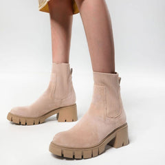 Round Toe Lug Sole Suede Knit Sock Ankle Boots - Apricot