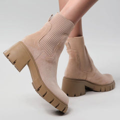 Round Toe Lug Sole Suede Knit Sock Ankle Boots - Apricot