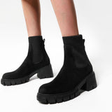 Round Toe Lug Sole Suede Knit Sock Ankle Boots - Black
