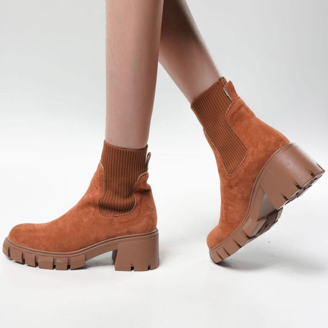 Round Toe Lug Sole Suede Knit Sock Ankle Boots - Brown