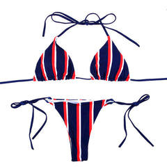 Conjunto de bikini de triángulo con tiras de lazo a rayas y abertura lateral - Azul oscuro