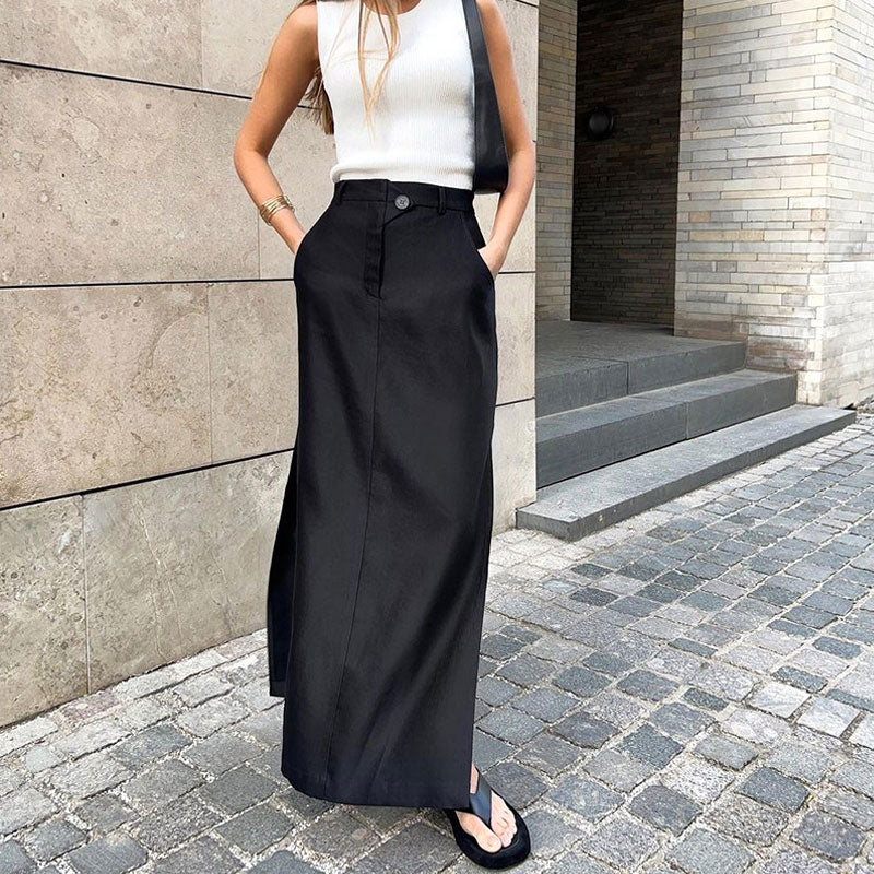 Style High Waist Side Pocket Split Maxi Skirt - Black