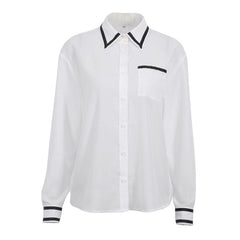 Blusa elegante de manga larga con cuello en punta y ribetes - Blanca