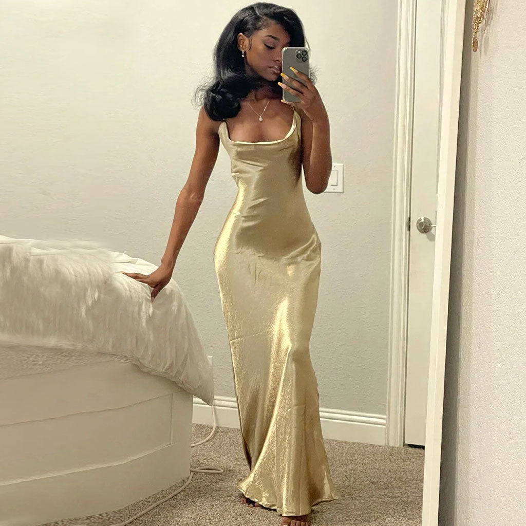Classy Cowl Neck Tie String Backless Silky Slip Maxi Dress - Champagne RoopKa Classy Cowl Neck Tie String Backless Silky Slip Maxi Dress - Champagne RoopKa
