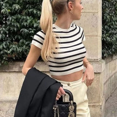 Classy Stripe Print Crew Neck Short Sleeve Knitted Crop Top - Black