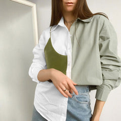 Color Panel Trim Long Sleeve Button Up Shirt - Green