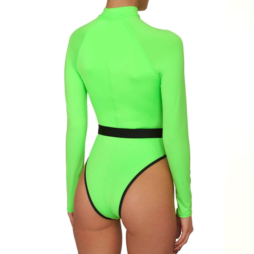Long Sleeve Rash Guard One Piece Swimsuit - Neon Green