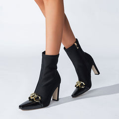 Metal Chain Pointed Toe High Heel Sock Ankle Boots - Black