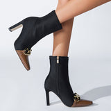 Metal Chain Pointed Toe High Heel Sock Ankle Boots - Chocolate