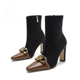 Metal Chain Pointed Toe High Heel Sock Ankle Boots - Chocolate