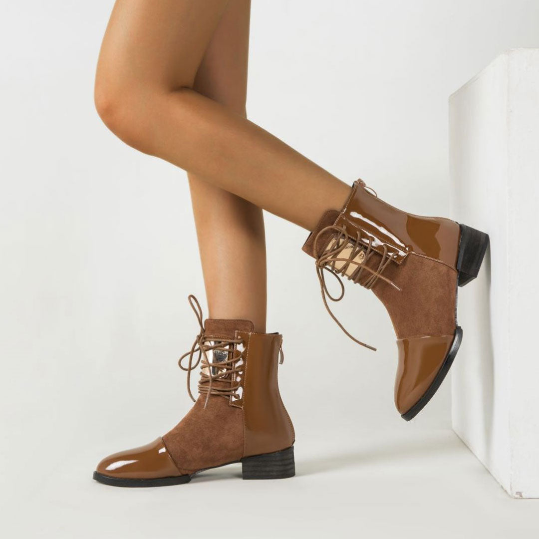 Panel Metal Trim Lace Up Ankle Boots - Brown