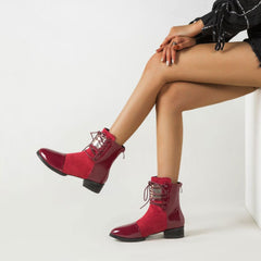 Panel Metal Trim Lace Up Ankle Boots - Red