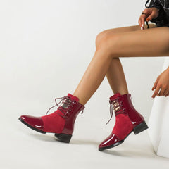 Panel Metal Trim Lace Up Ankle Boots - Red