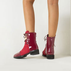 Panel Metal Trim Lace Up Ankle Boots - Red