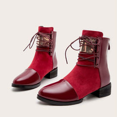 Panel Metal Trim Lace Up Ankle Boots - Red