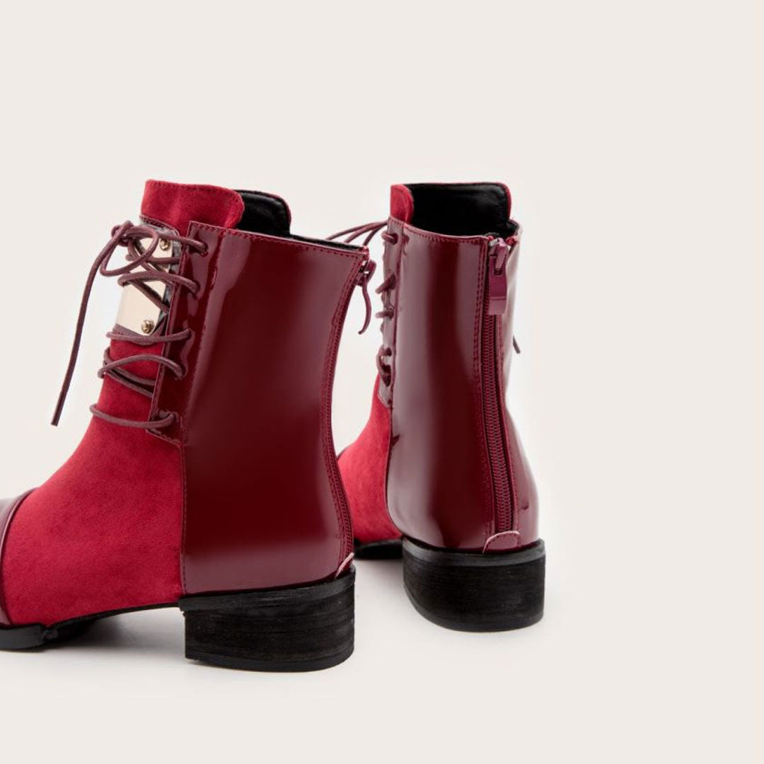 Panel Metal Trim Lace Up Ankle Boots - Red