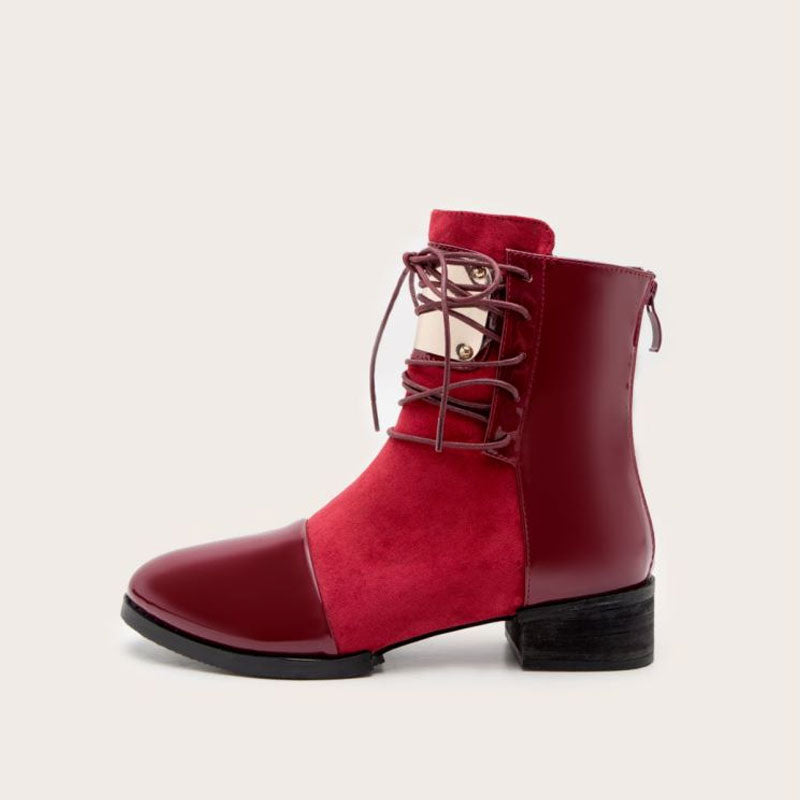 Panel Metal Trim Lace Up Ankle Boots - Red