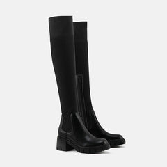 Botas altas hasta la rodilla de punto con suela gruesa y ribete de panel - Negro