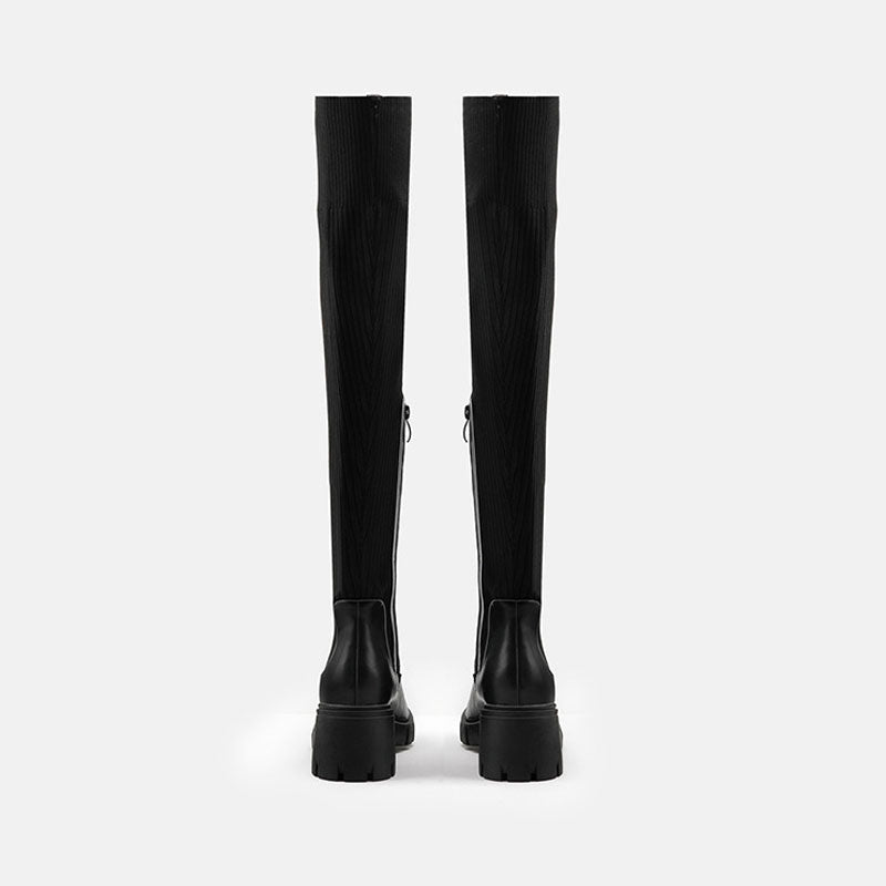 Botas altas hasta la rodilla de punto con suela gruesa y ribete de panel - Negro