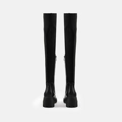 Panel Trim Lug Sole Chunky Heel Knit Knee High Sock Boots - Black