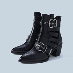 Crocodile Embossed Cutout Trim Buckle Block Heel Ankle Boots - Black