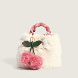 Cute Cherry Trim Twist Shoulder Strap Fluffy Tote Bag - White