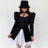 Cute Cut Out Ruffle Collared Long sleeve Button Up Blouse - Black