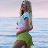 Cute Macaron Color Low Rise Distressed Denim Shorts - Neon Green