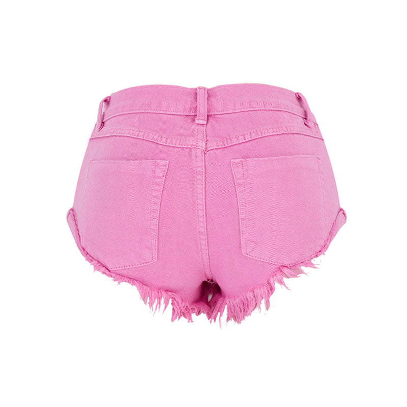 Cute Macaron Color Low Rise Distressed Denim Shorts - Pink