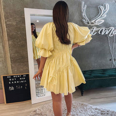 Cute Puff Sleeve Drawstring Tied Ruffle Babydoll Mini Dress - Yellow