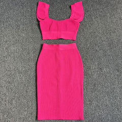 Cute Bandage Crop Top Bodycon Midi Skirt Matching Set - Hot Pink