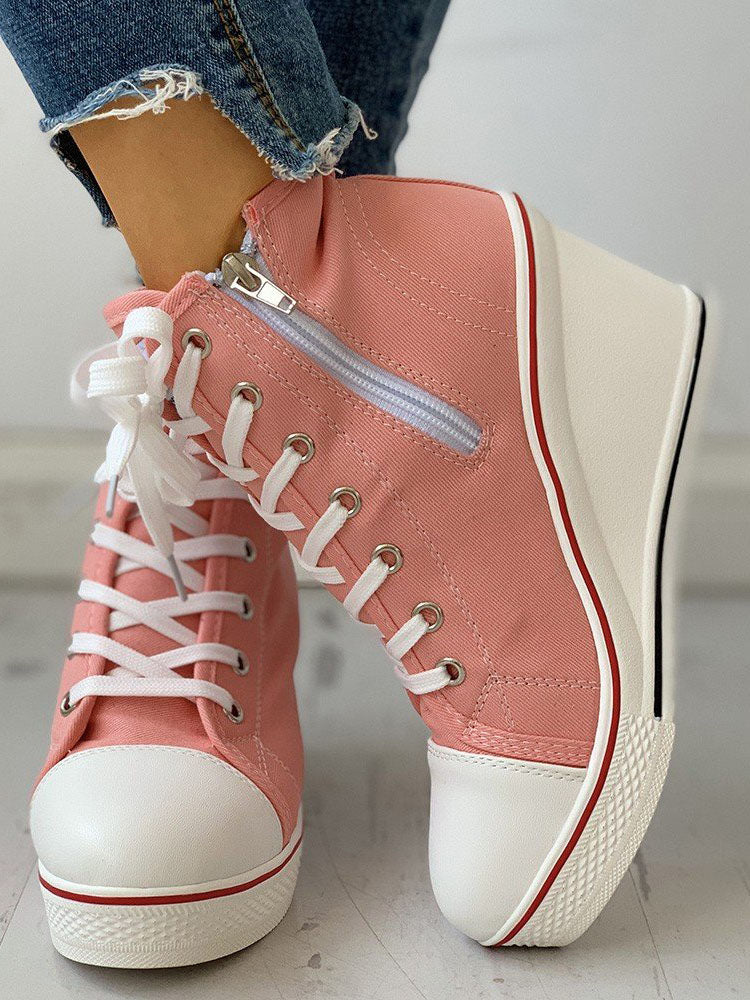 Lace-Up Thick Soled Heel Canvas Sneakers