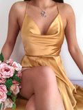 Solid Color V Neck Spaghetti Strap Slit Dress