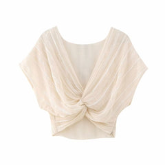 Dainty Lace Panel Deep V Twist Trim Dolman Sleeve Crop Top - Beige