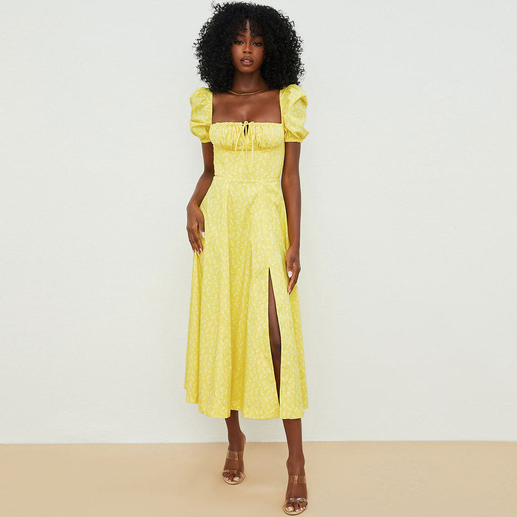 Vestido largo de verano con abertura alta y mangas abullonadas estampadas - Amarillo oscuro