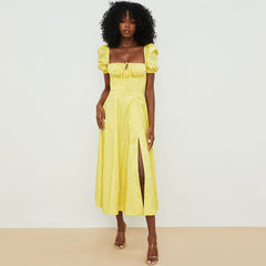 Printed Puff Sleeve High Slit Smock Maxi Sundress - Dark Yellow