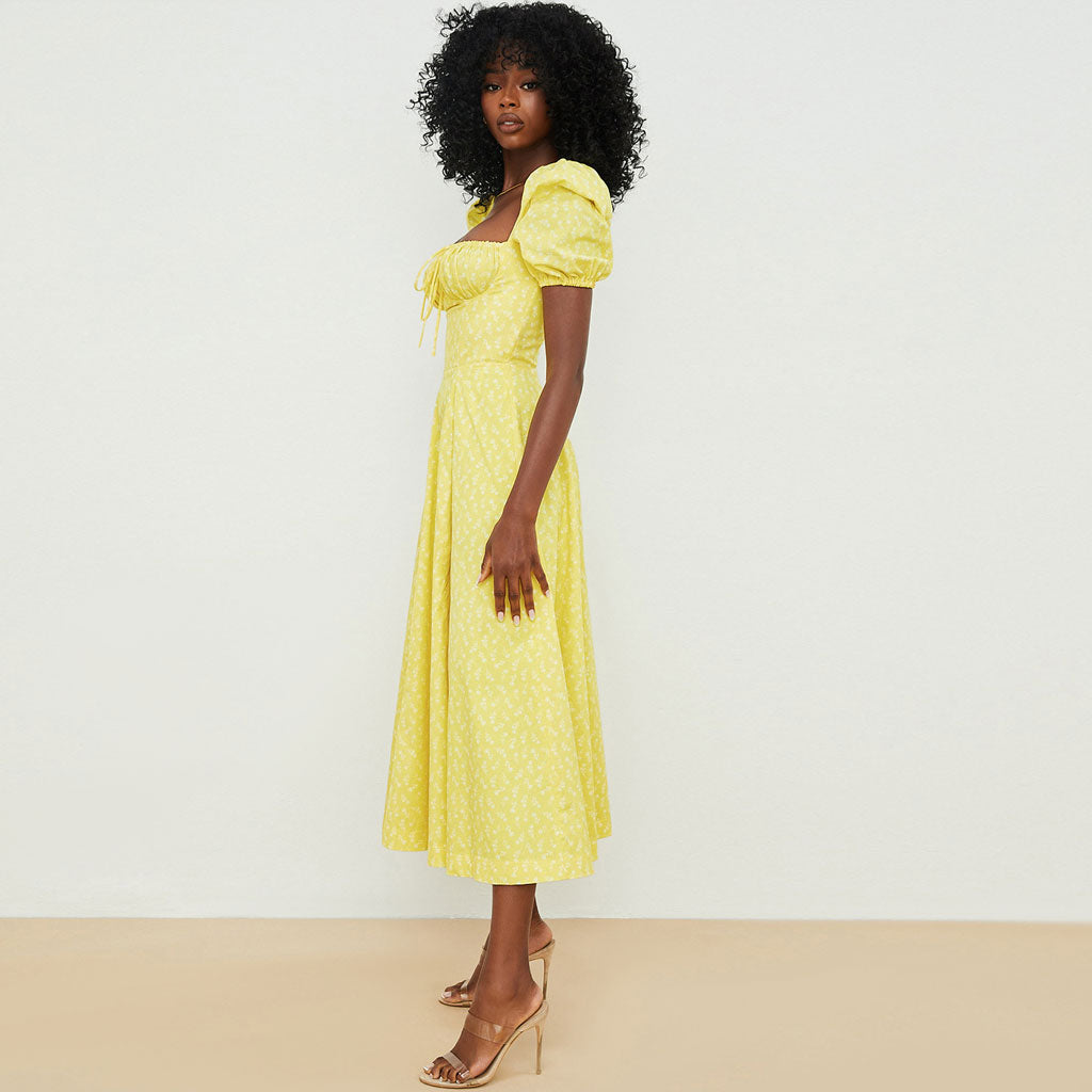 Printed Puff Sleeve High Slit Smock Maxi Sundress - Dark Yellow