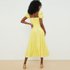 Vestido largo de verano con abertura alta y mangas abullonadas estampadas - Amarillo oscuro