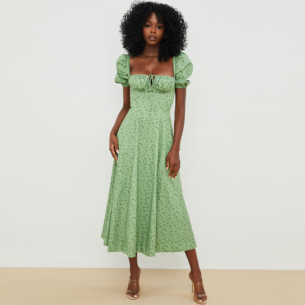 Printed Puff Sleeve High Slit Smock Maxi Sundress - Green