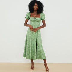 Printed Puff Sleeve High Slit Smock Maxi Sundress - Green