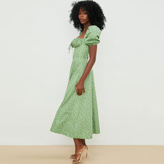 Printed Puff Sleeve High Slit Smock Maxi Sundress - Green