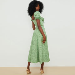 Printed Puff Sleeve High Slit Smock Maxi Sundress - Green