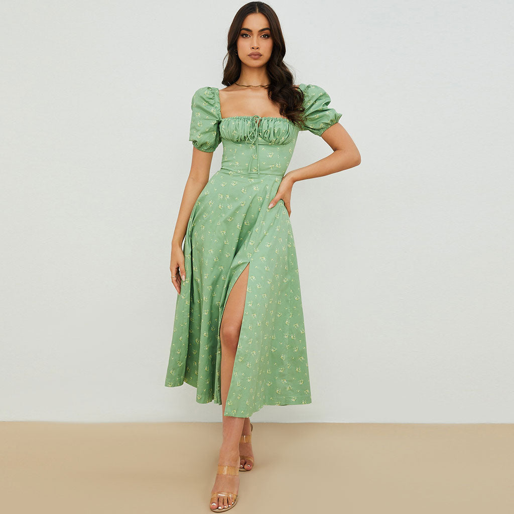 Printed Puff Sleeve High Slit Smock Maxi Sundress - Sage Green