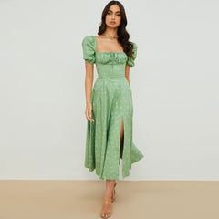 Printed Puff Sleeve High Slit Smock Maxi Sundress - Sage Green