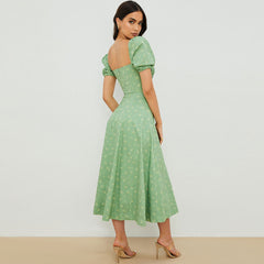 Printed Puff Sleeve High Slit Smock Maxi Sundress - Sage Green