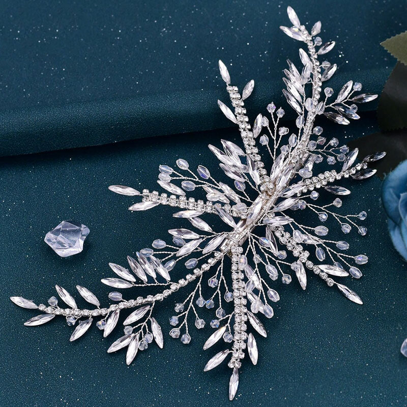 Dazzling Leaf Trim Crystal Rhinestone Embellished Hair Clip - Silver