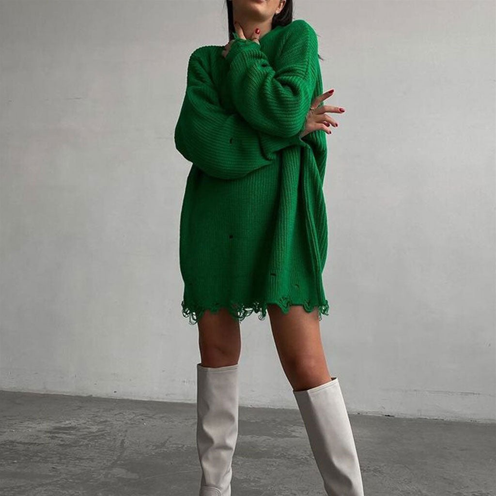 Distressed Trim Pullover Sweater Mini Dress - Emerald Green