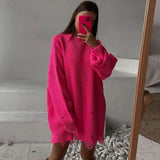 Distressed Trim Pullover Sweater Mini Dress - Rose