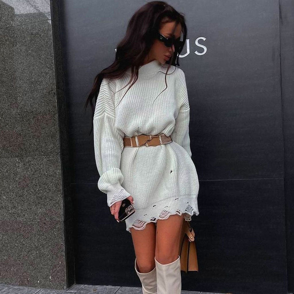Distressed Trim Pullover Sweater Mini Dress - White